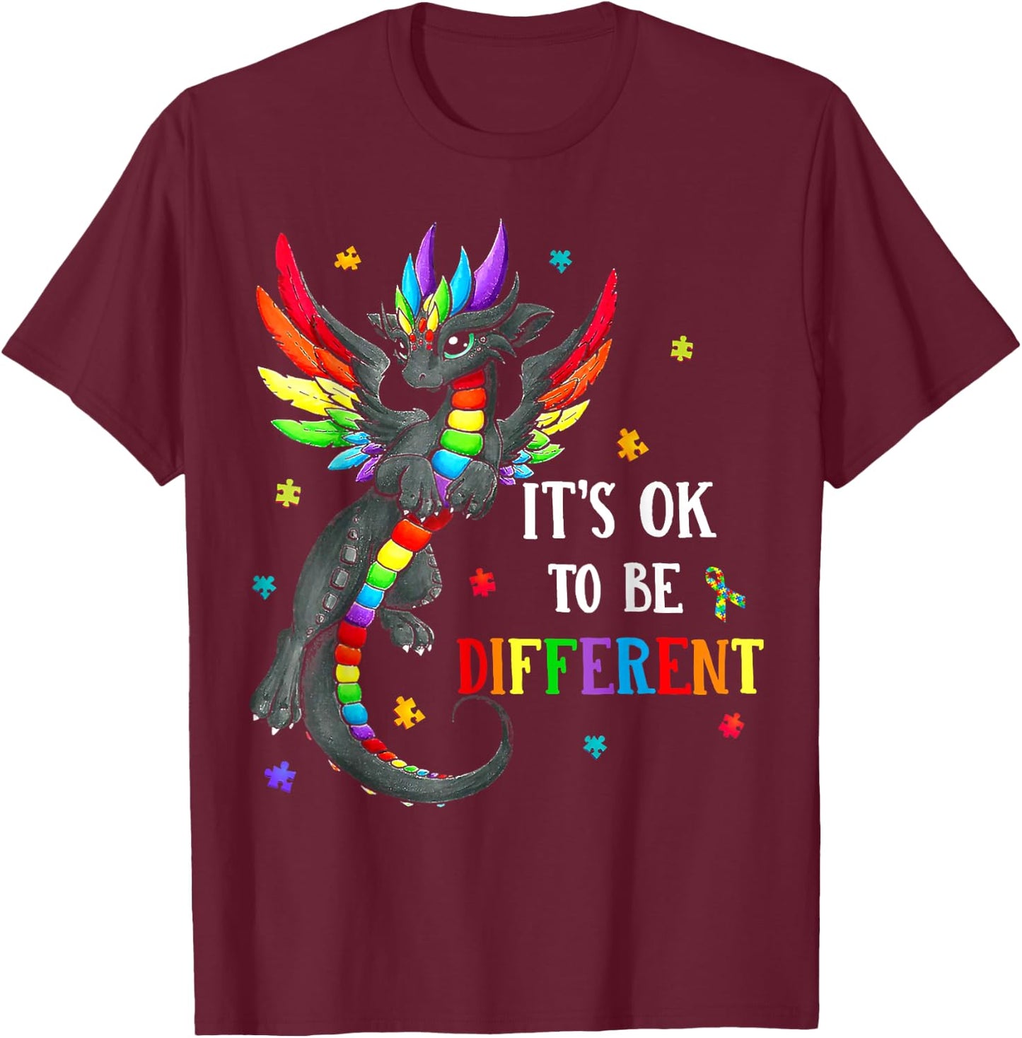 Autism Awareness Day Dragon Gift, It's Ok To Be Different T-Shirt - T-Shirt | Maroon