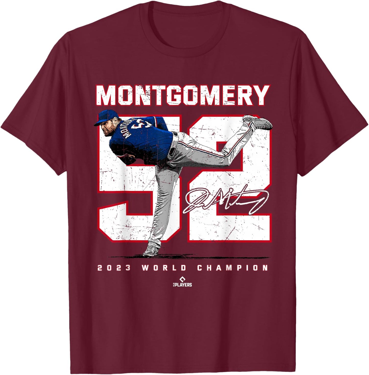 Player 2023 World Champion Jordan Montgomery Texas MLBPA T-Shirt - T-Shirt | Maroon