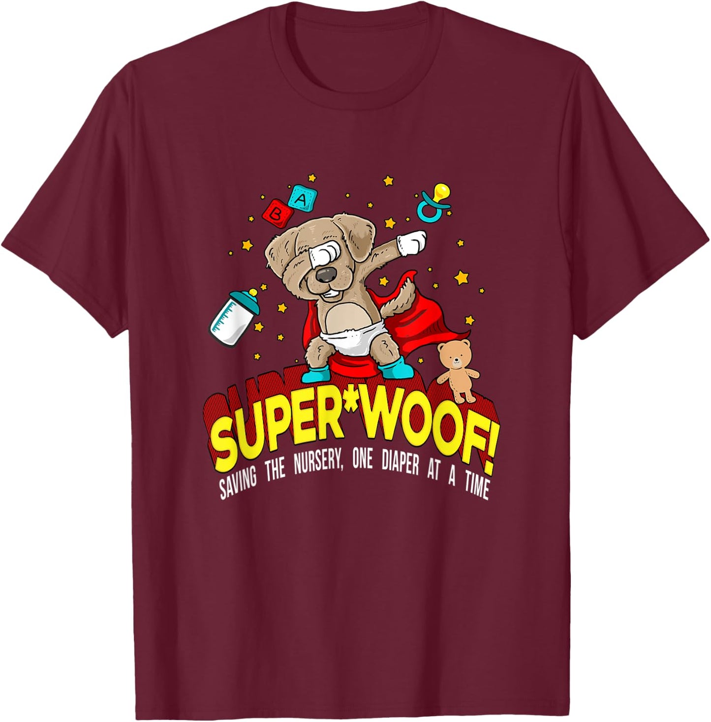 SUPER WOOF Diaper Pup Superhero Parody T-Shirt - T-Shirt | Maroon