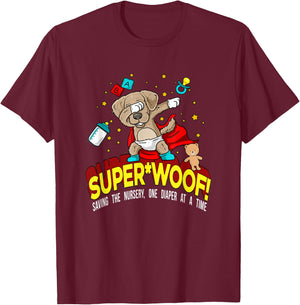 SUPER WOOF Diaper Pup Superhero Parody T-Shirt - T-Shirt | Maroon