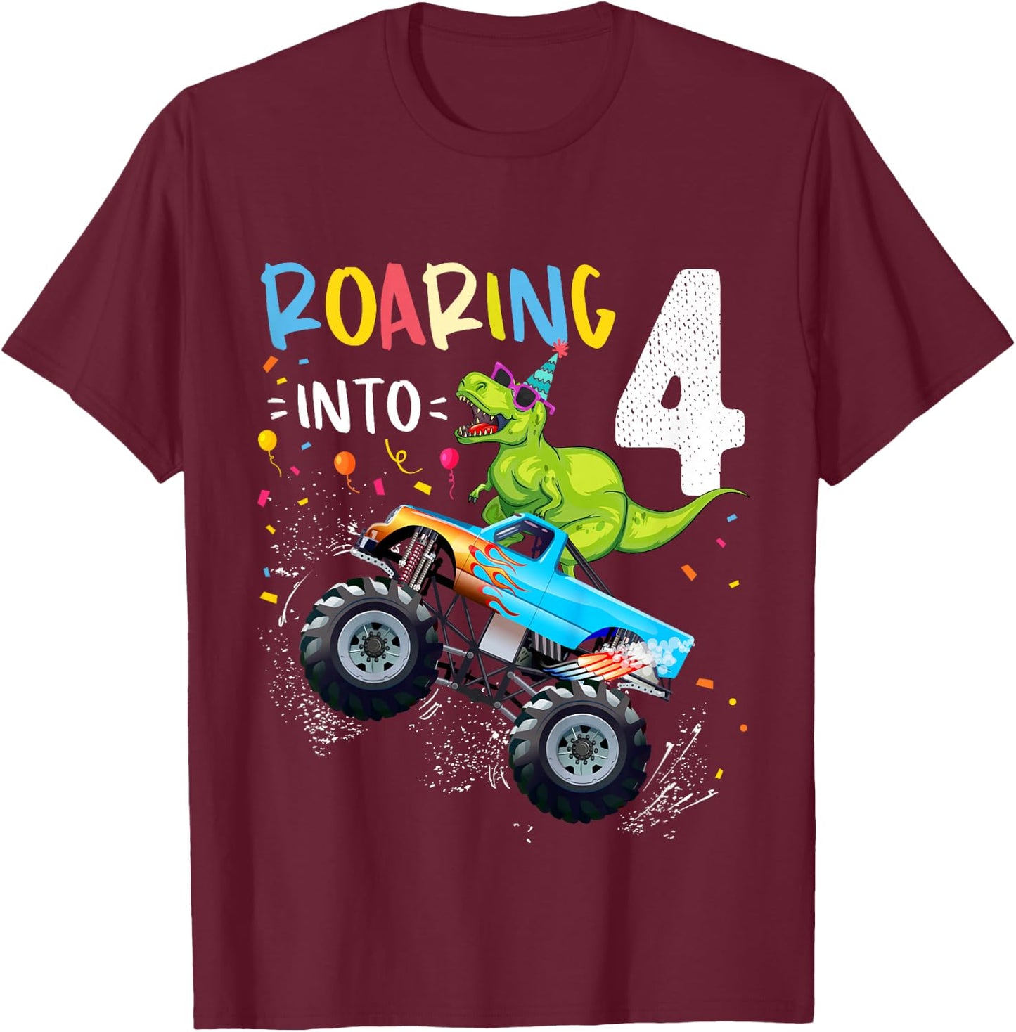 Kids 4th Birthday T Rex Dinosaur Monster Truck Boys and Girls T-Shirt - T-Shirt | Maroon
