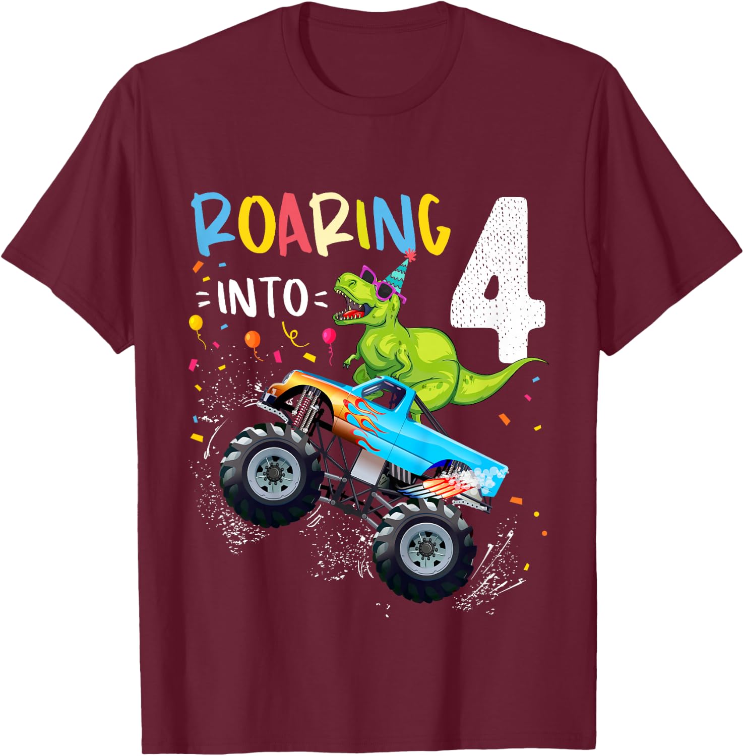 Kids 4th Birthday T Rex Dinosaur Monster Truck Boys and Girls T-Shirt - T-Shirt | Maroon