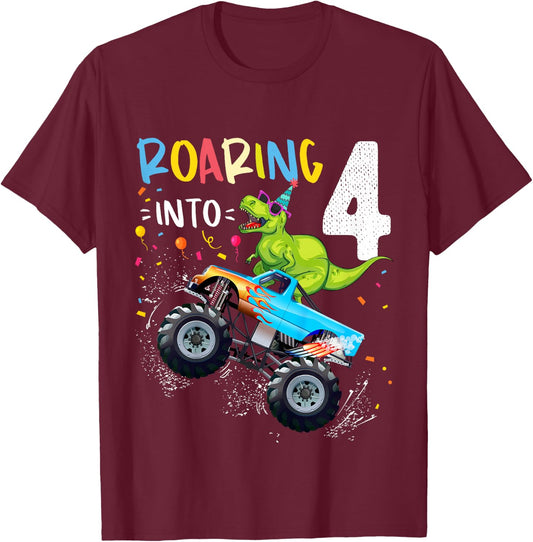 Kids 4th Birthday T Rex Dinosaur Monster Truck Boys and Girls T-Shirt - T-Shirt | Maroon