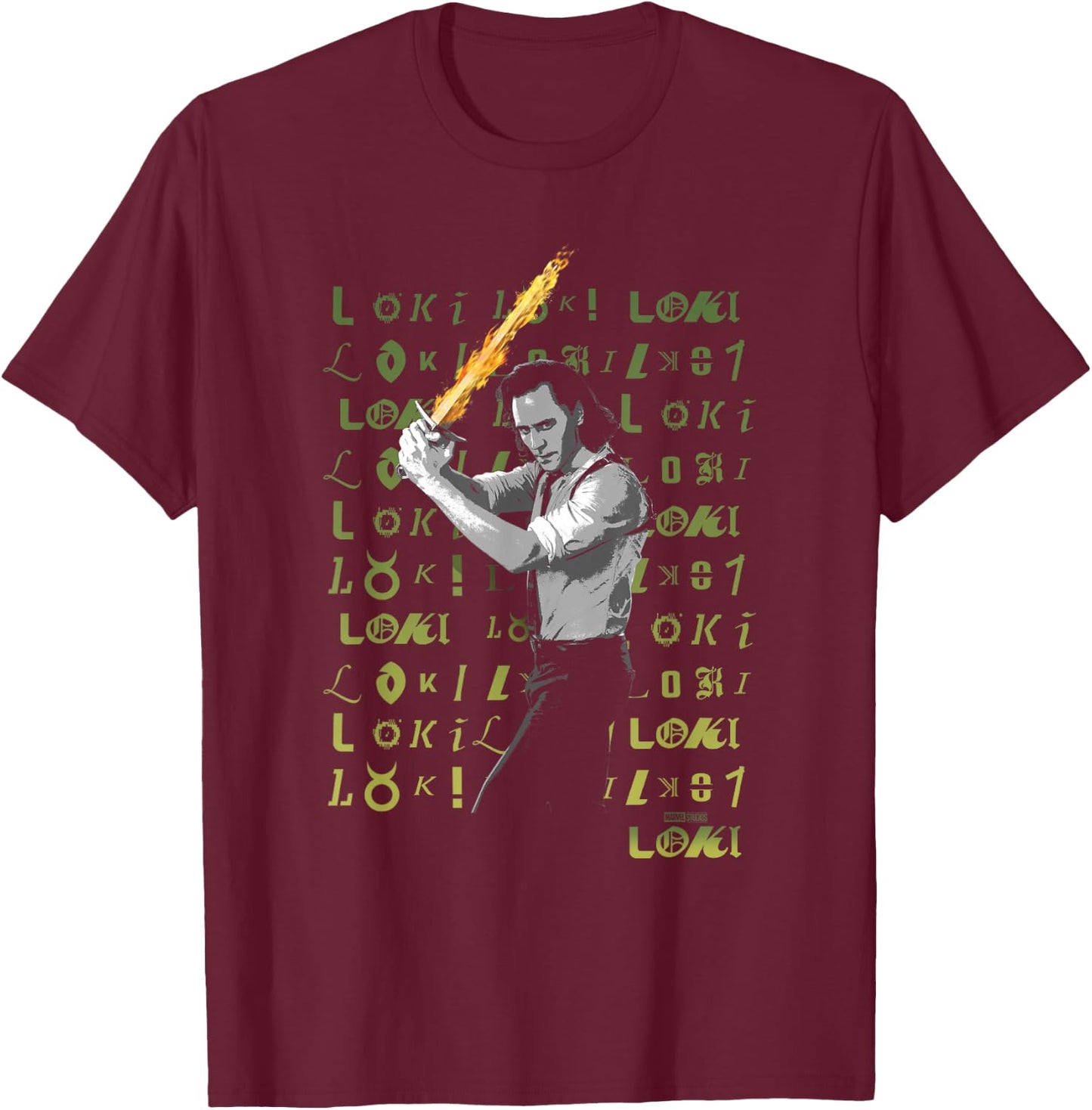 Marvel Loki Flaming Sword Loki Logo Text Spill T-Shirt - T-Shirt | Maroon
