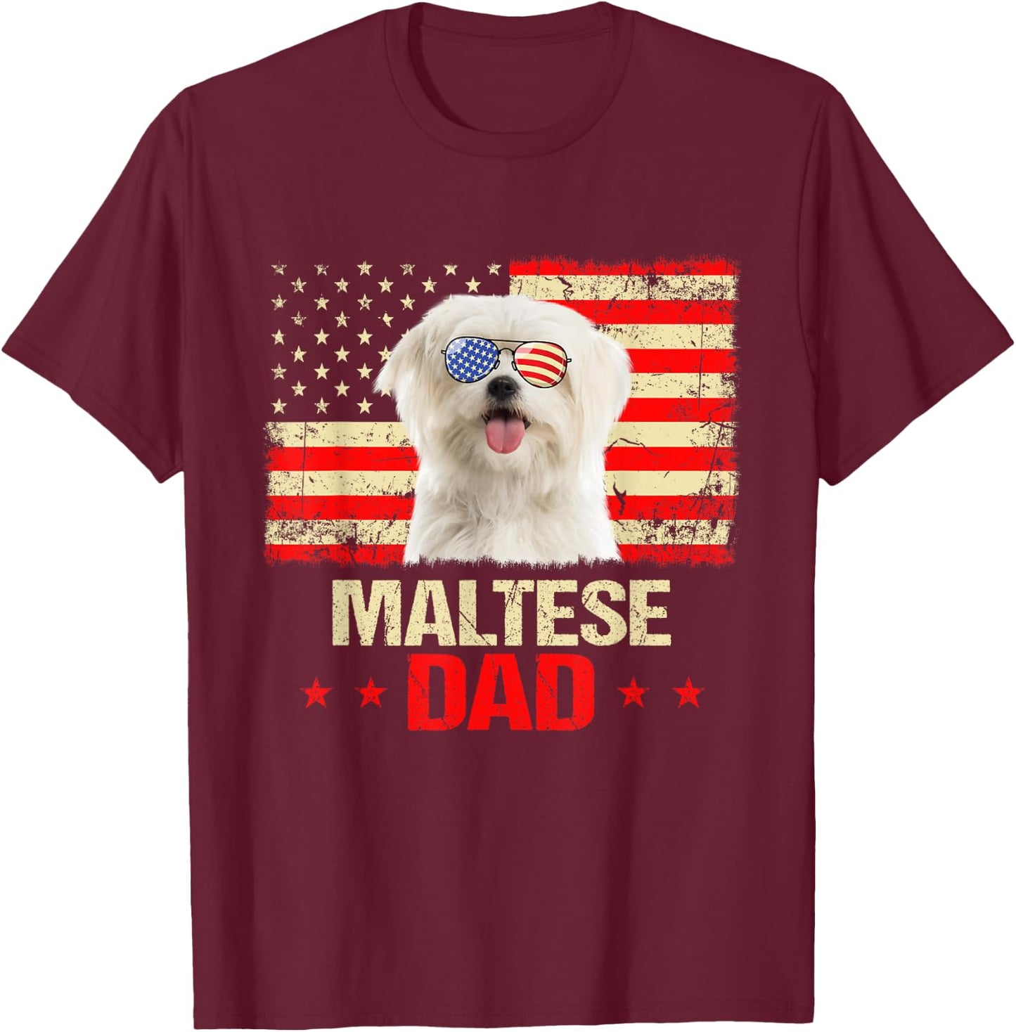Maltese Dad USA Flag Dog Lover Fathers Day Men T-Shirt - T-Shirt | Maroon
