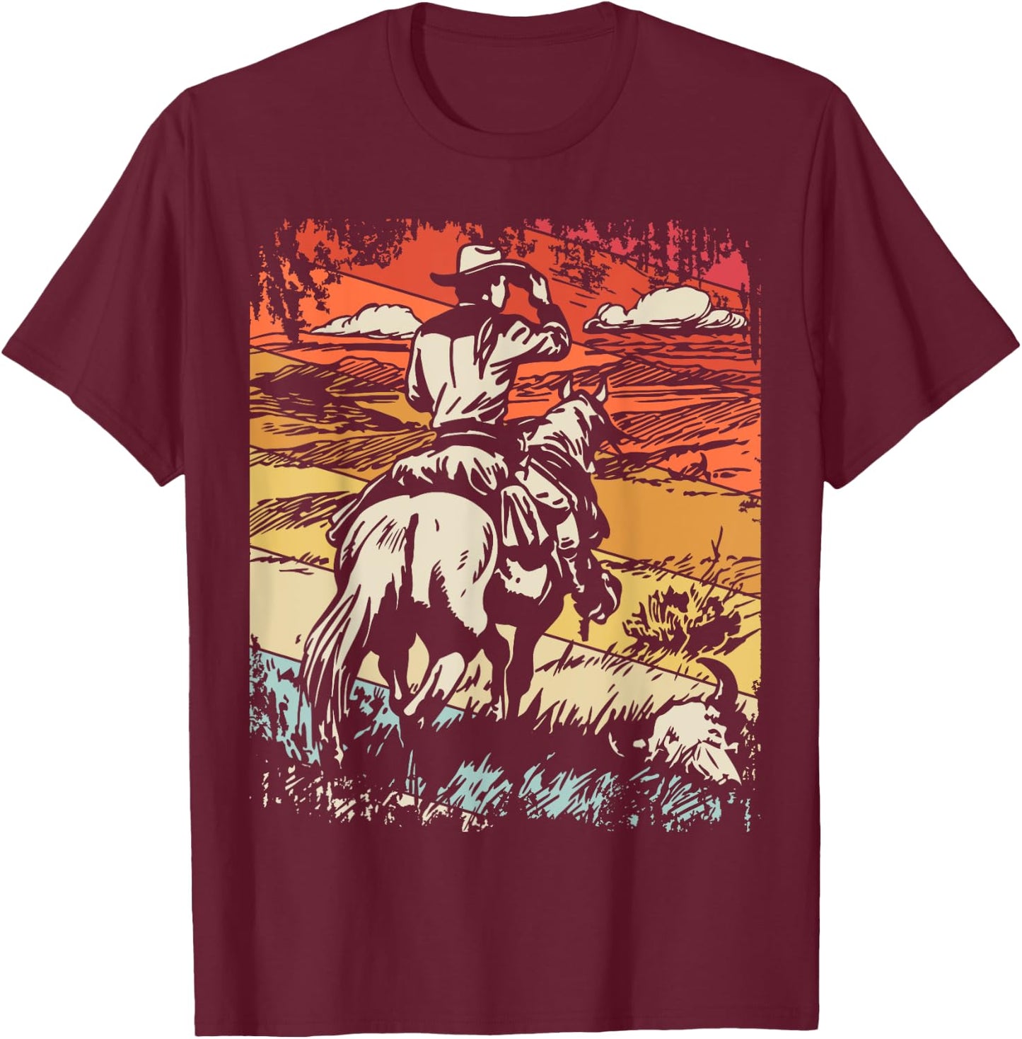 Vintage Cowboy By SamBro Retro -Adults Kids Western Black Small Short Sleeve T-Shirt - T-Shirt | Maroon