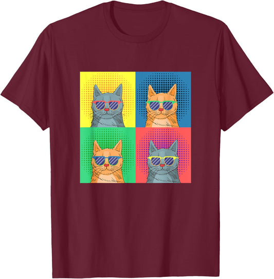 Retro Pop Art Cats - Funny Cat Art Lover Cartoon Design T-Shirt - T-Shirt | Maroon