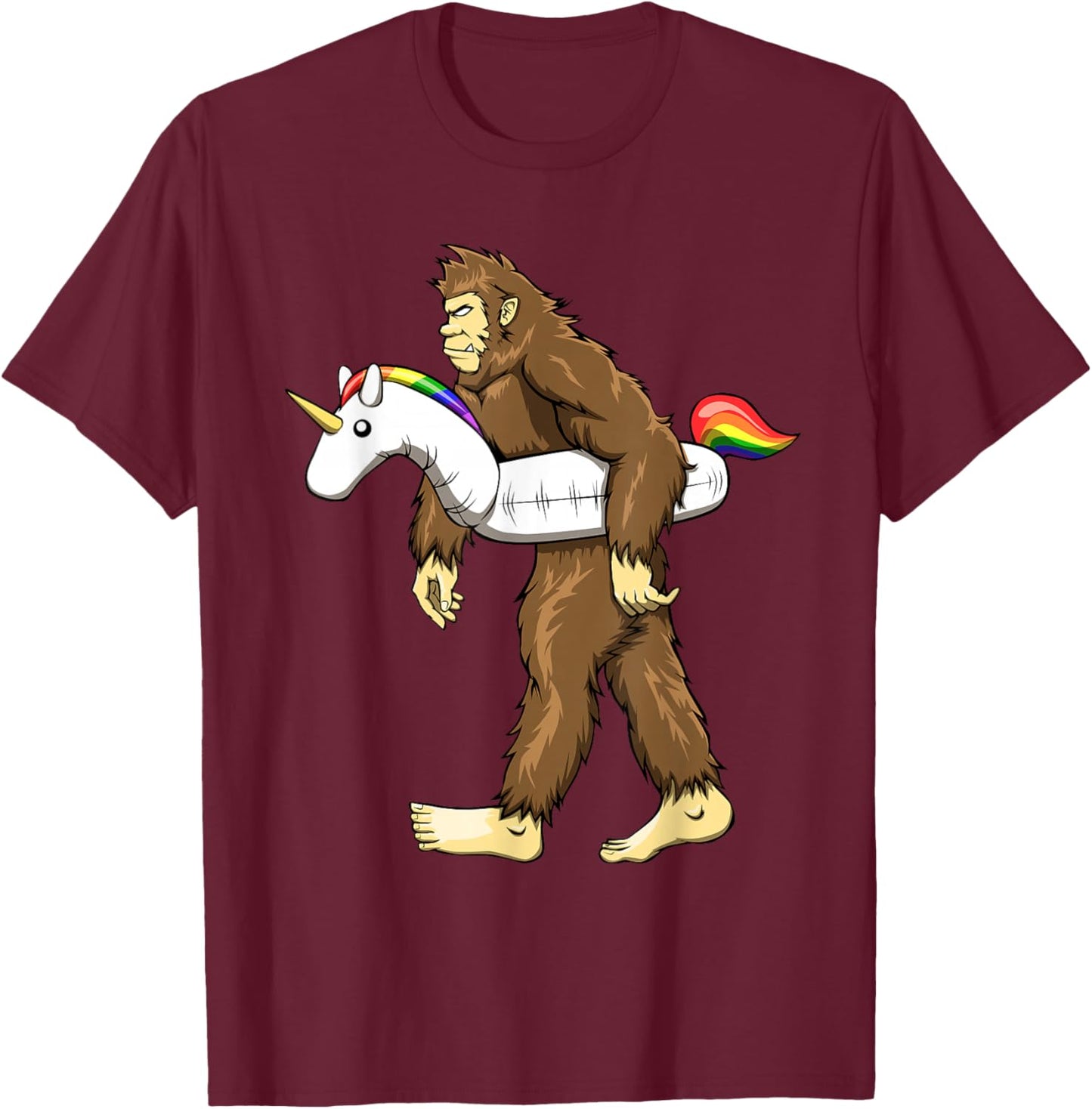 Funny Sasquatch with Unicorn Pool Swim Ring Bigfoot T-Shirt - T-Shirt | Maroon