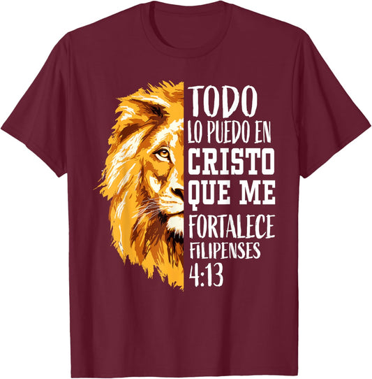 Filipenses 4:13 Spanish Christian Bible Verse Lion Graphic T-Shirt - T-Shirt | Maroon