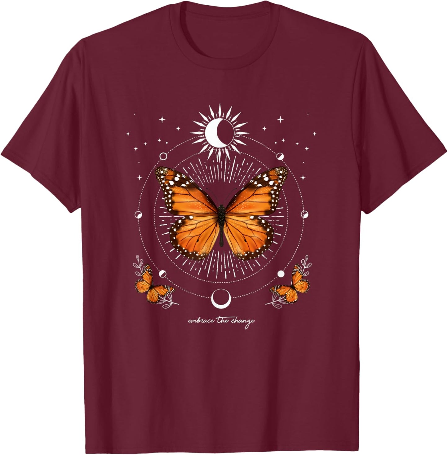 Monarch Butterfly Celestial Butterfly Sun Moon Phase Magical T-Shirt - T-Shirt | Maroon