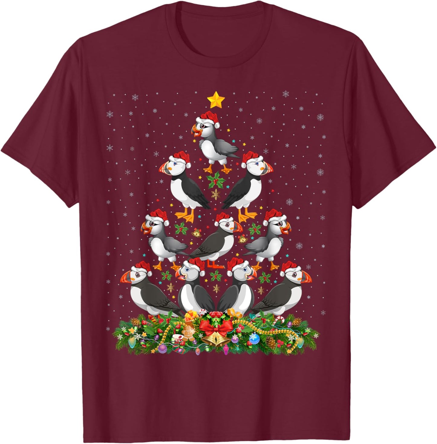 Puffin Bird Xmas Tree Gift Santa Hat Puffin Christmas T-Shirt - T-Shirt | Maroon