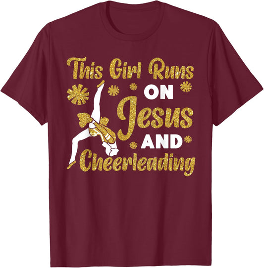 Cheer Cheerleading Jesus Faith Christian This Girl Runs On T-Shirt - T-Shirt | Maroon