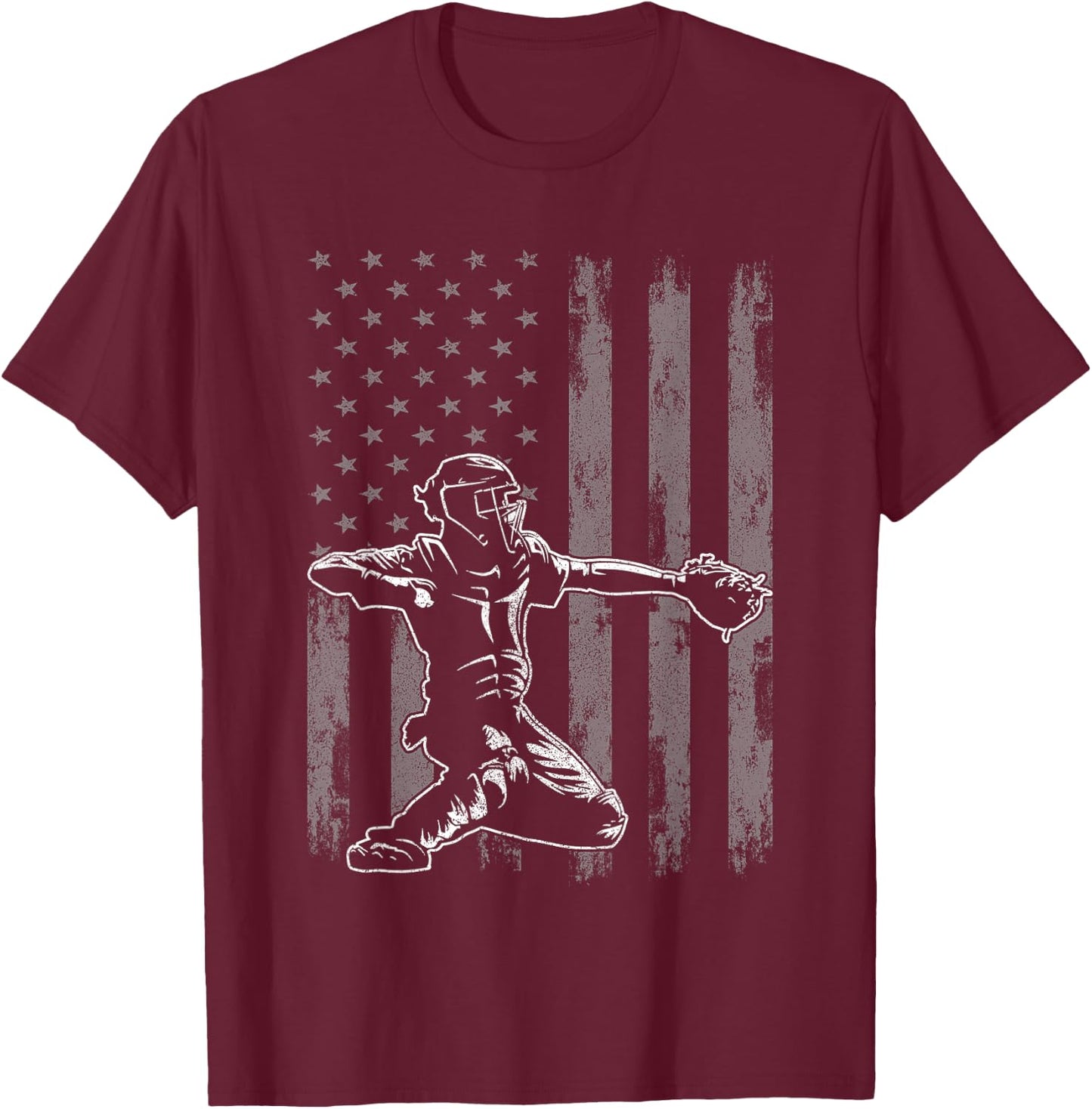 Baseball Catcher Shirt for Boys Men, Baseball USA Flag T-Shirt - T-Shirt | Maroon