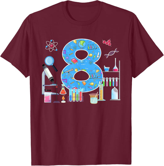 8th Birthday Science Theme 8 Year Old Birthday Scientist T-Shirt - T-Shirt | Maroon