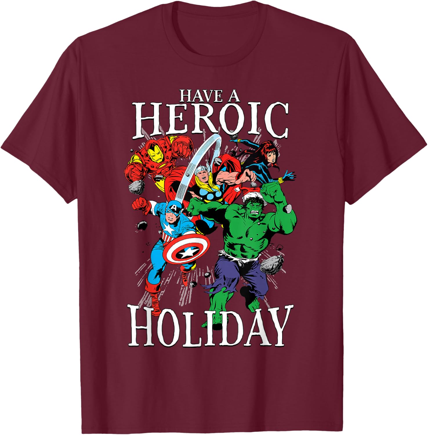 Marvel Avengers Heroic Holiday Christmas Group Shot T-Shirt - T-Shirt | Maroon
