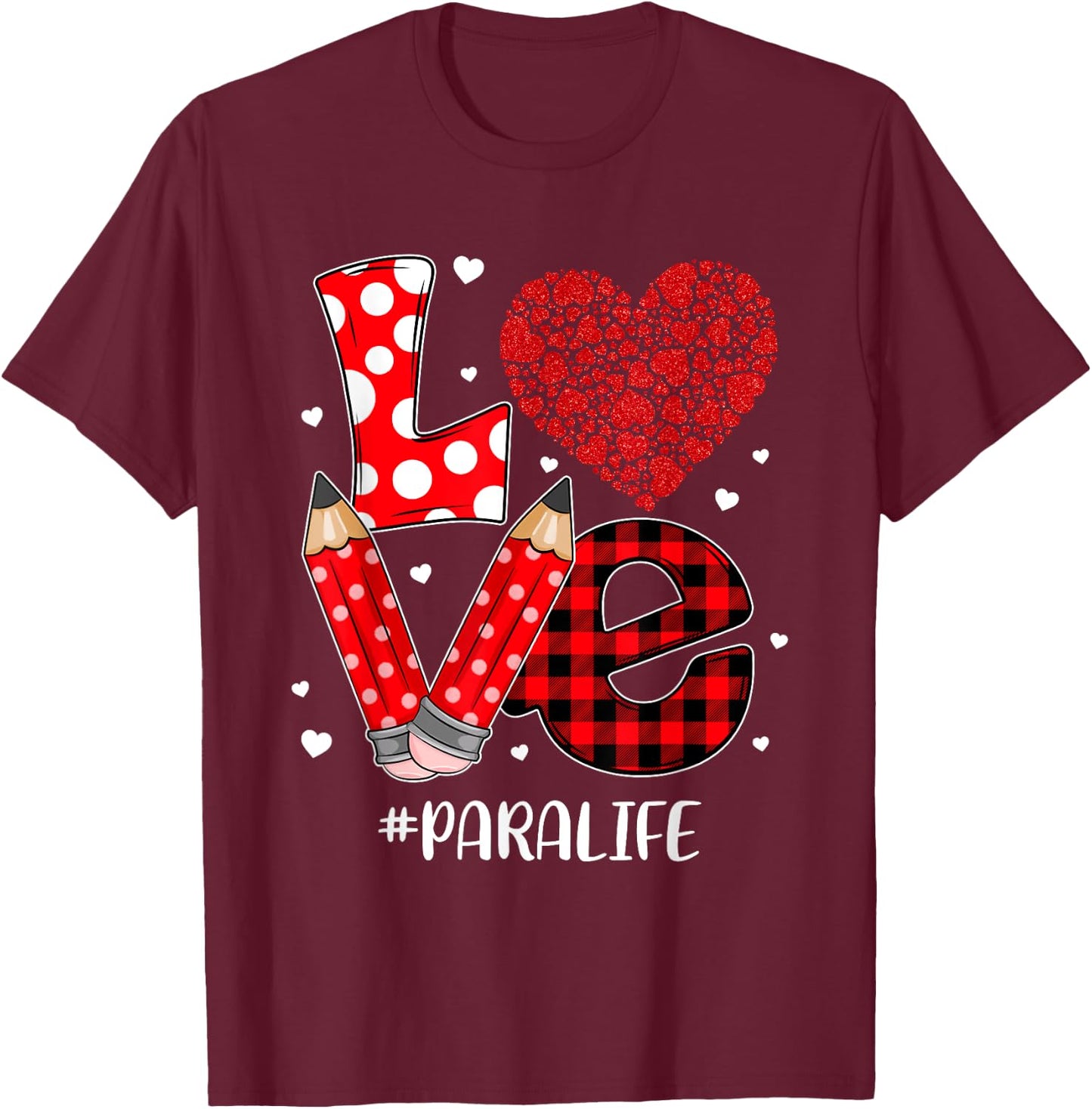 Funny Plaid Heart LOVE Para Life Valentine Day Christmas T-Shirt - T-Shirt | Maroon