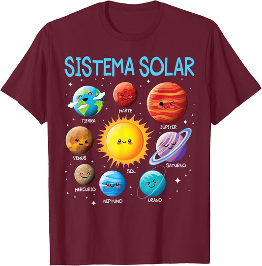 Spanish Solar System Cute Planet Space Español Sistema solar T-Shirt - T-Shirt | Maroon