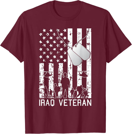 Iraq Veteran American Flag Dog Tag Military Army Soldier T-Shirt - T-Shirt | Maroon