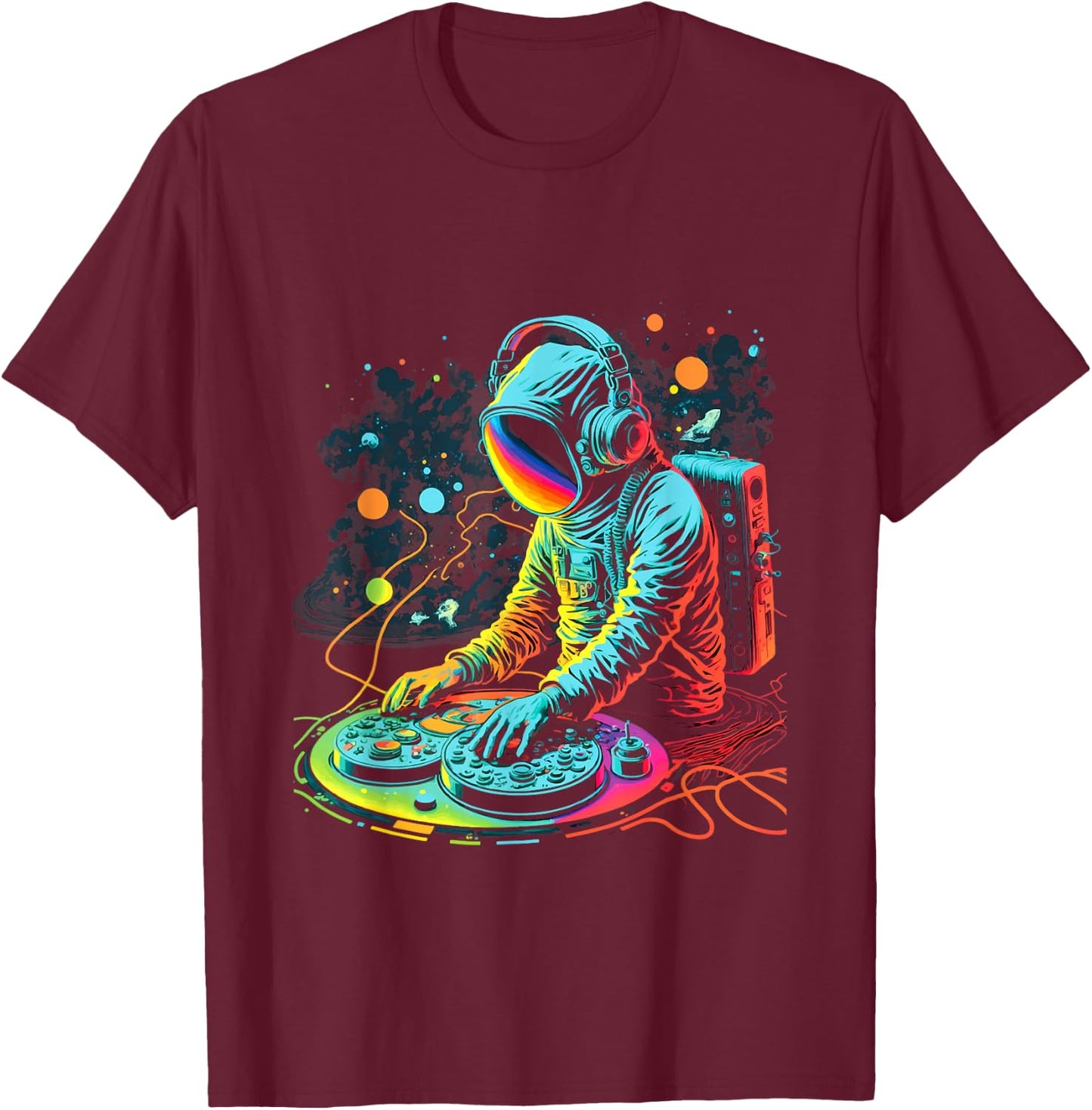 Astronaut DJ Playing Turntables in Space | EDM cool Graphic T-Shirt - T-Shirt | Maroon