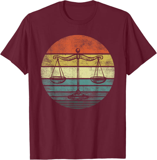 Lawyer Gift Retro Sunset Scale of Justice Student Law School T-Shirt - T-Shirt | Maroon