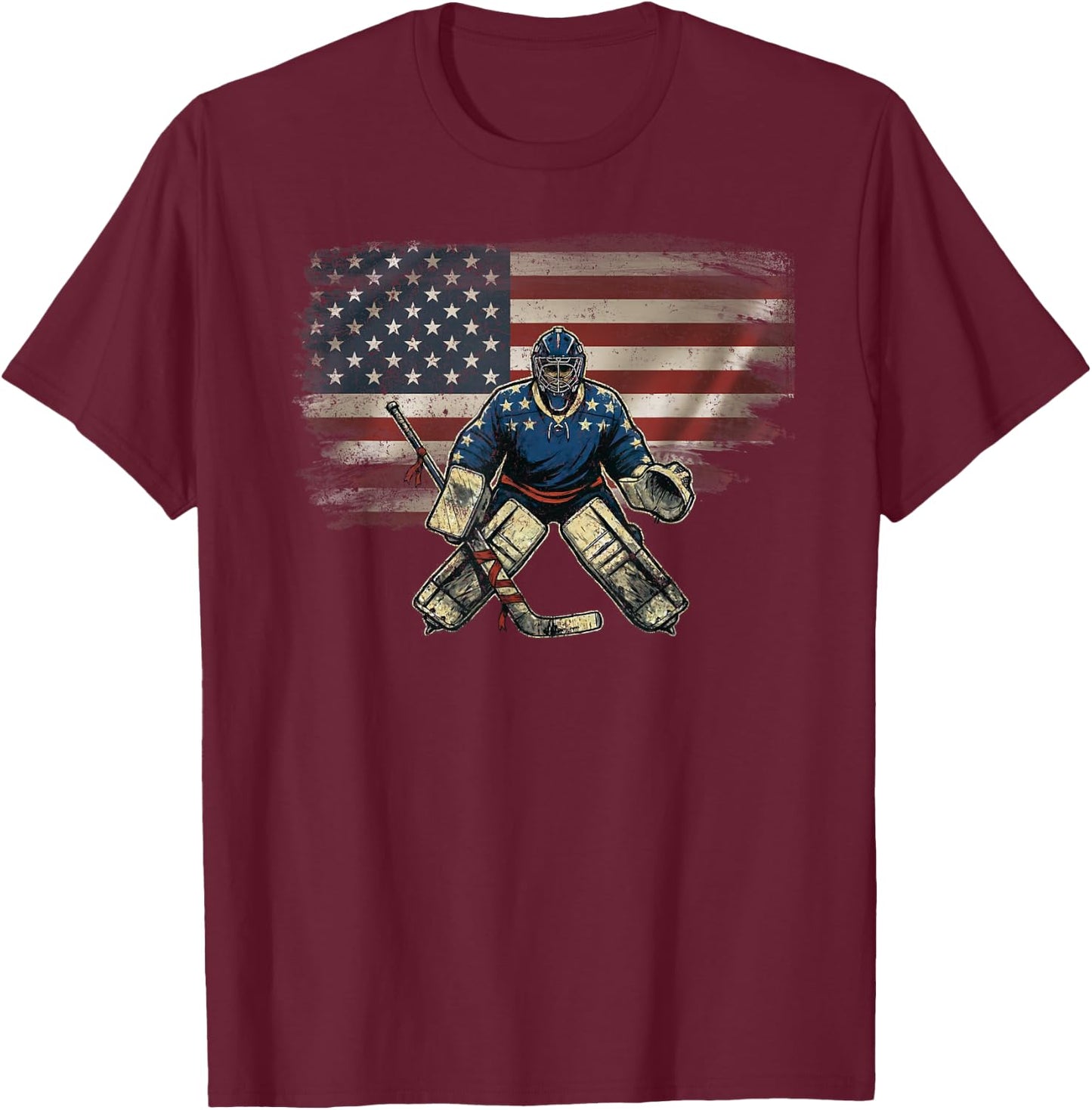 Vintage USA Flag Hockey Lover Ice Hockey Goalie T-Shirt - T-Shirt | Maroon