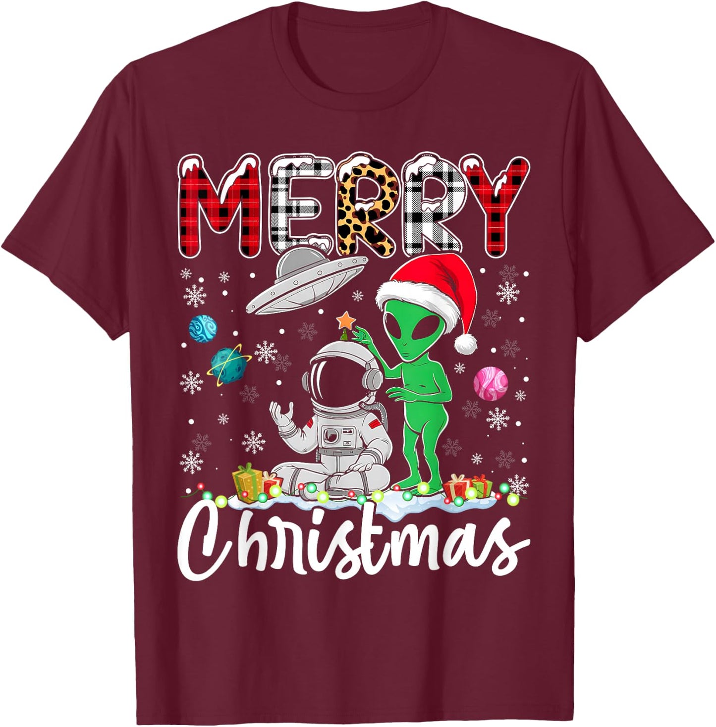 Alien Santa Astronaut UFO Christmas Snowflakes Xmas T-Shirt - T-Shirt | Maroon