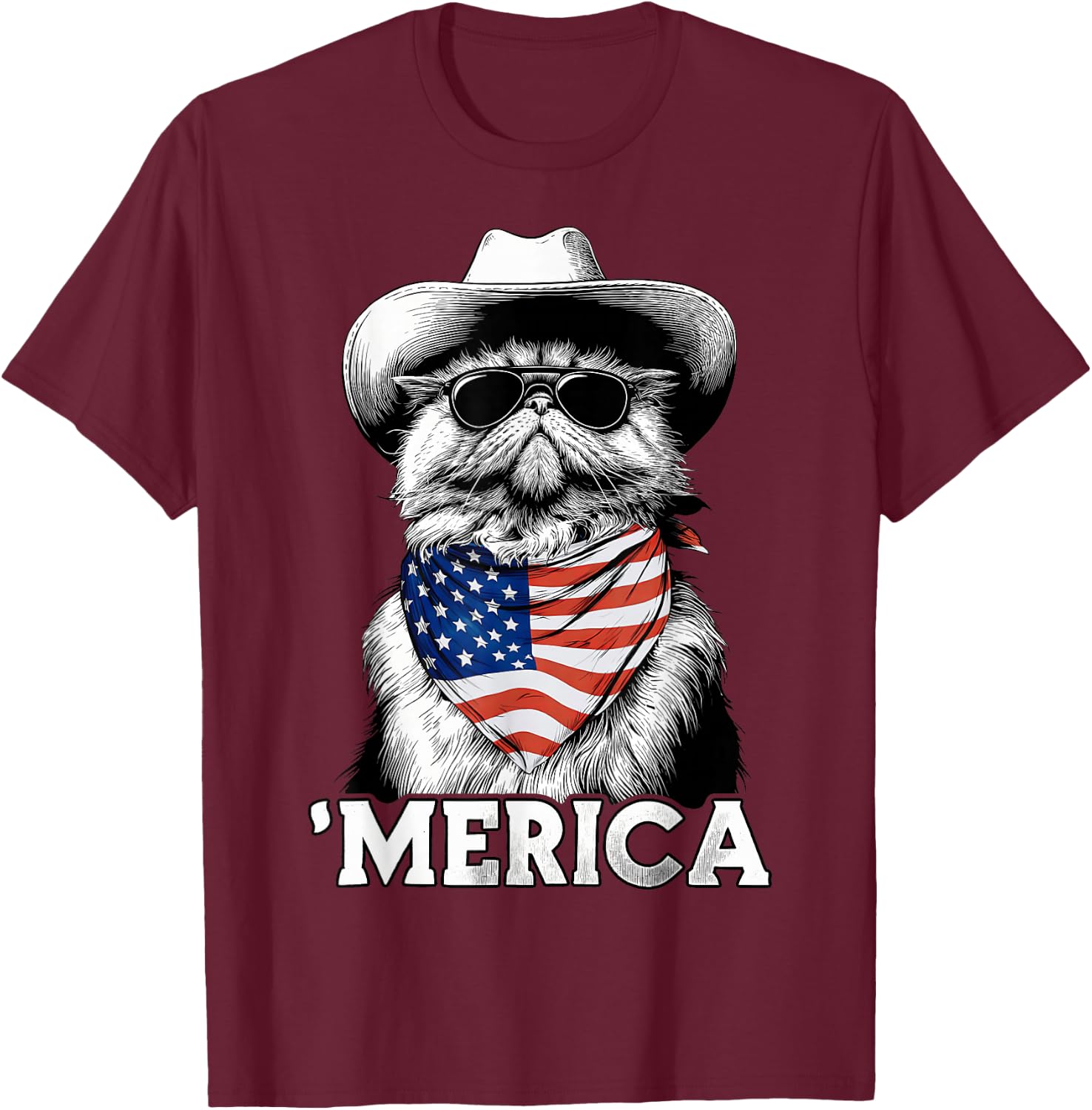 Persian Cat American Flag Bandana Cowboy Hat Sunglasses T-Shirt - T-Shirt | Maroon