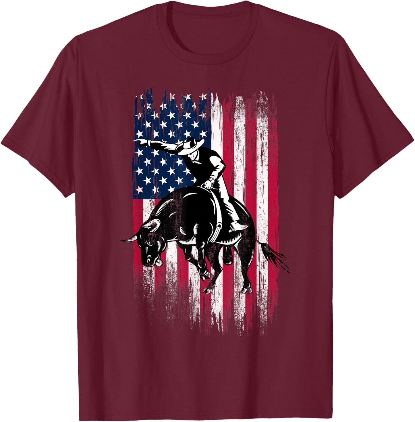 Rodeo Bull Rider Patriotic American Flag Cowboys Small T-Shirt - T-Shirt | Maroon