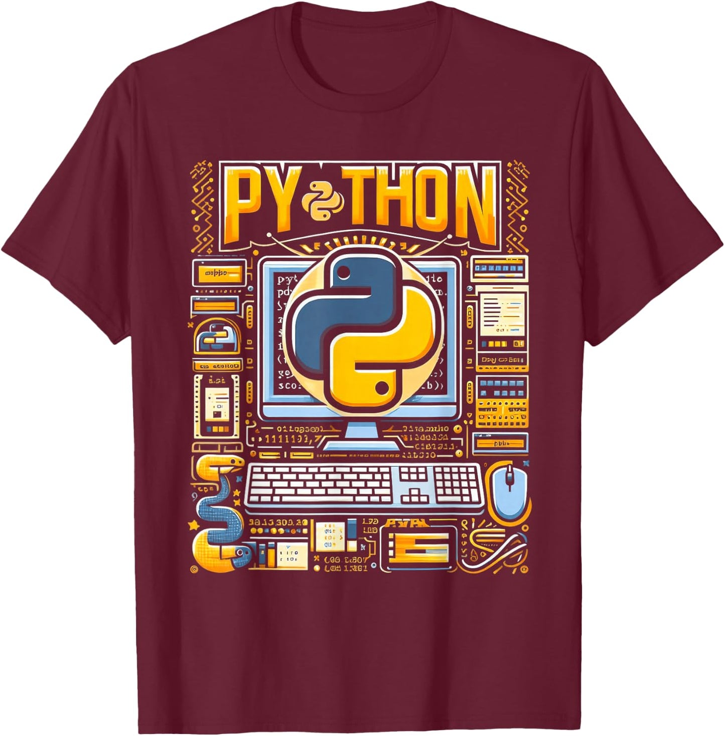 Python Dev Programming Python Programming, -Adults , Black, Small, Short Sleeve T-Shirt - T-Shirt | Maroon