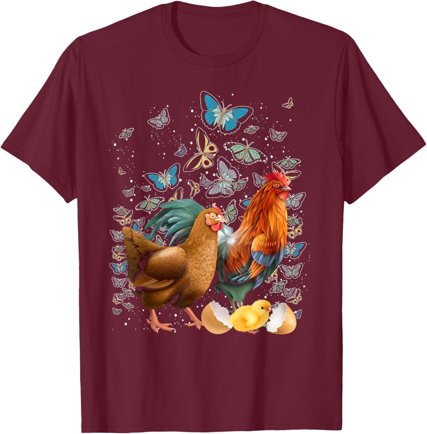 Farmer Gift Farm Animal Butterflies Rooster Hen Chicken T-Shirt - T-Shirt | Maroon
