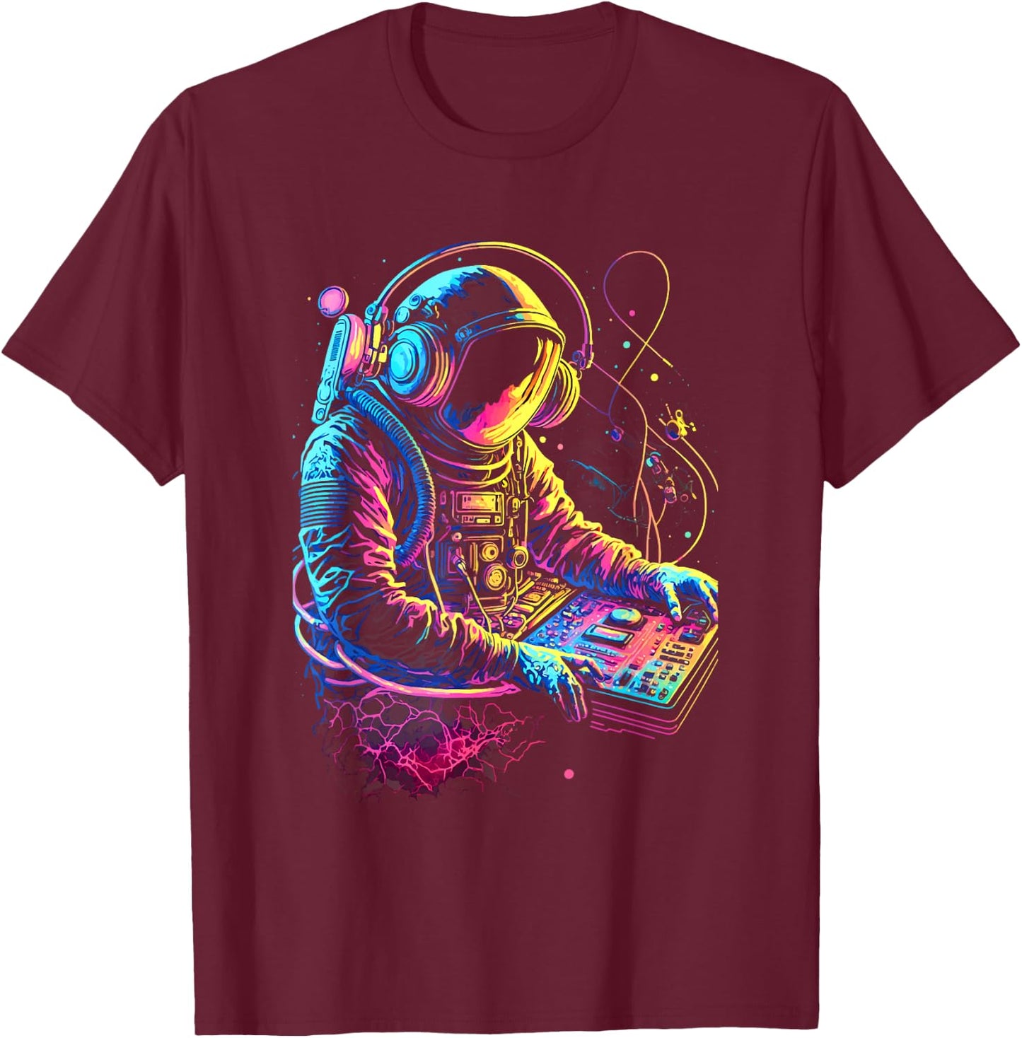 Funky Astronaut DJ in Space: EDM Graphic T-Shirt - T-Shirt | Maroon