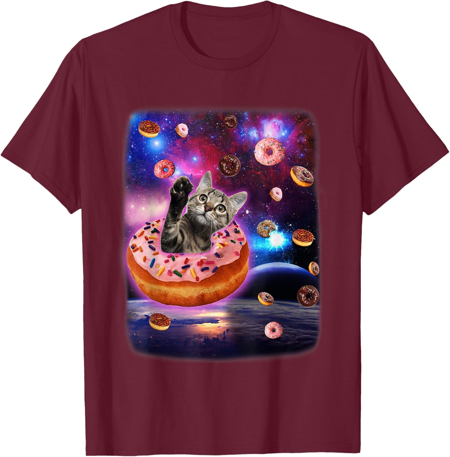 Cute Cat Inside Donut In Space Boy Girl Donut Kitty Galaxy T-Shirt - T-Shirt | Maroon