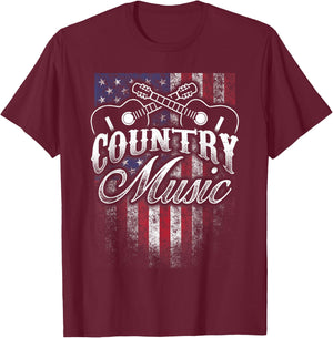 Country Music Guitar & American Flag Western Design T-Shirt - T-Shirt | Maroon