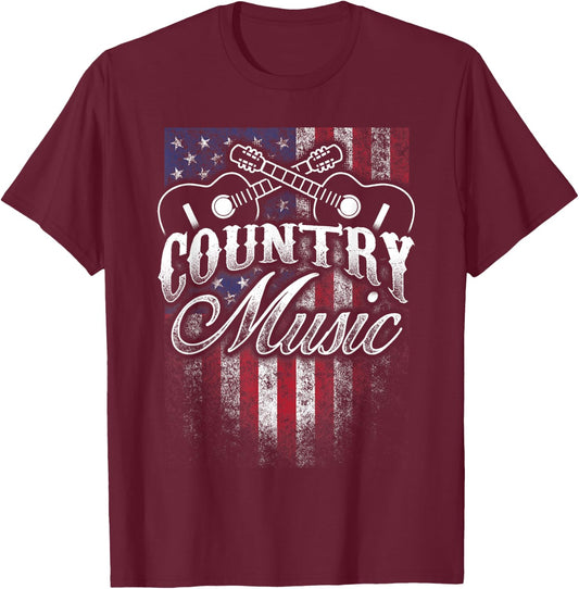 Country Music Guitar & American Flag Western Design T-Shirt - T-Shirt | Maroon