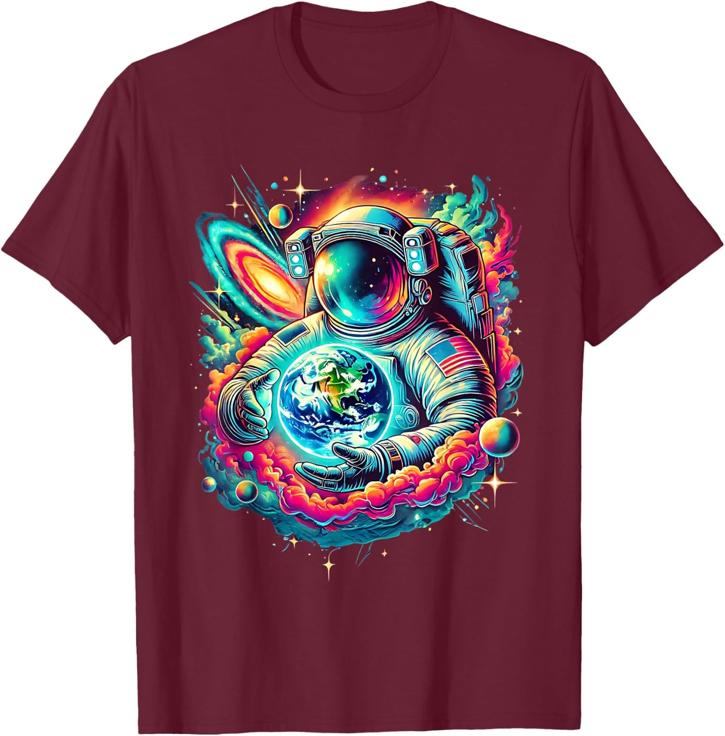 Cosmic Astronaut Holding Earth Space Exploration Art Science T-Shirt - T-Shirt | Maroon
