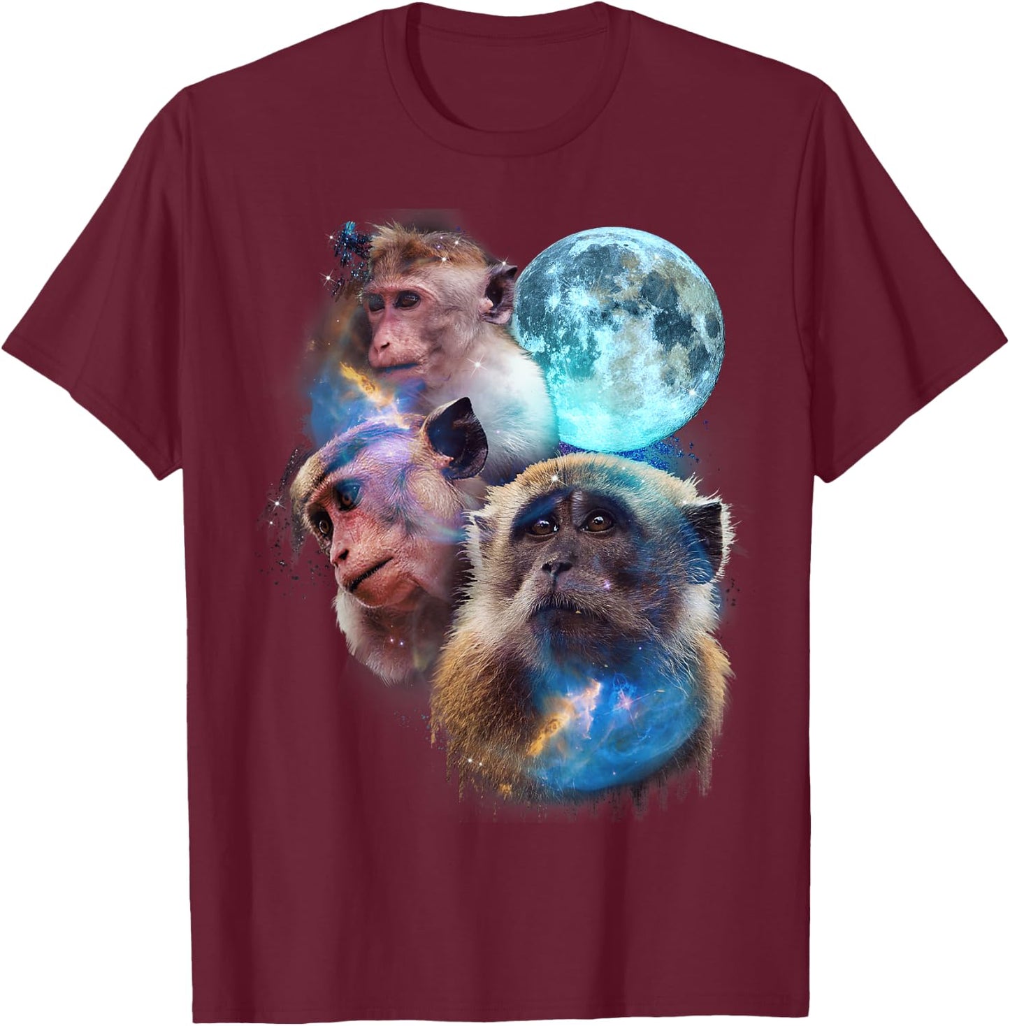 3 Moon Monkey Art Funny Ape Primate Animal Lovers Graphic T-Shirt - T-Shirt | Maroon