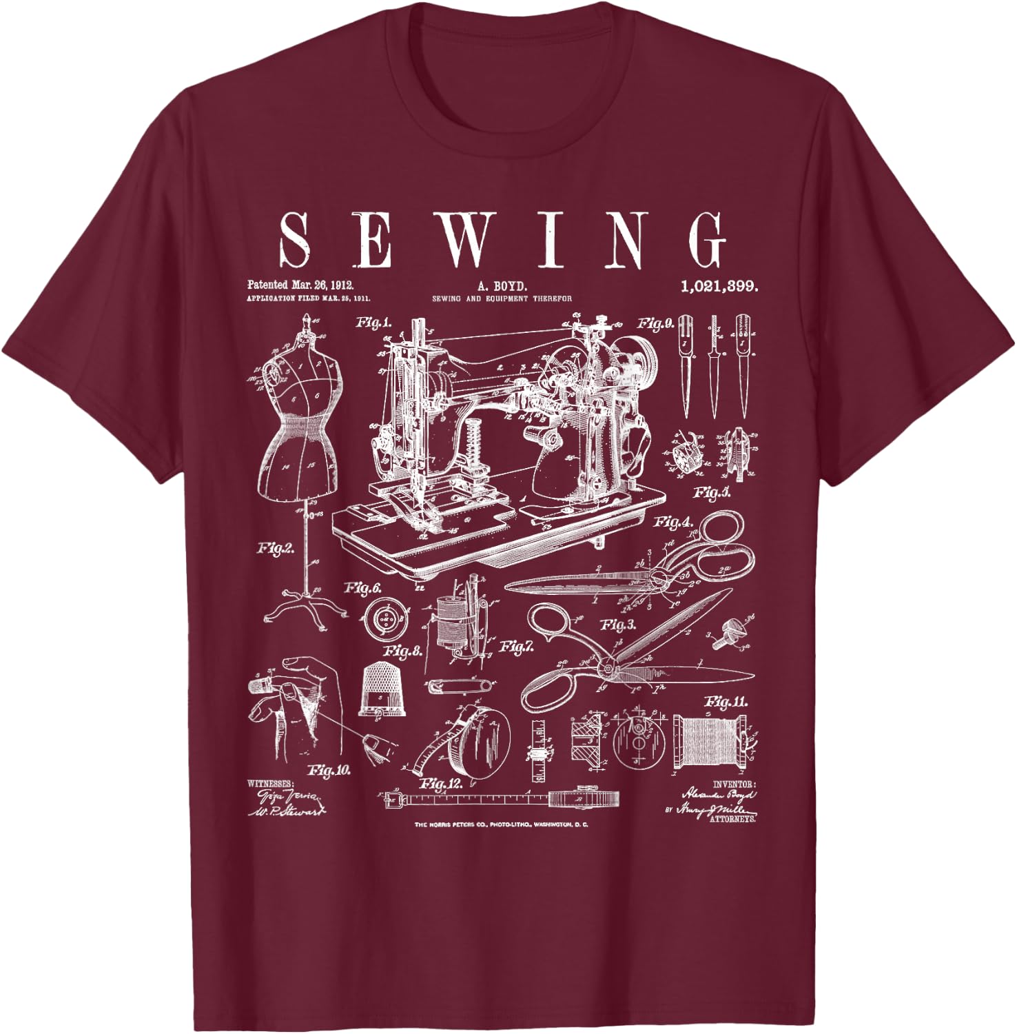 Sewing Machine Quilting Quilter Crafter Vintage Patent Print T-Shirt - T-Shirt | Maroon