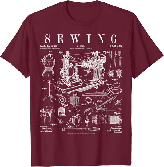 Sewing Machine Quilting Quilter Crafter Vintage Patent Print T-Shirt - T-Shirt | Maroon