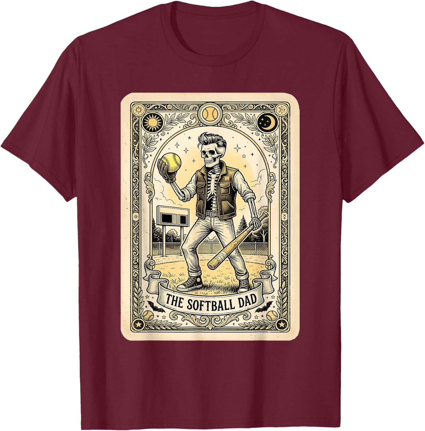 Softball Dad Tarot Card Skeleton Sports Fathers Day Men T-Shirt - T-Shirt | Maroon