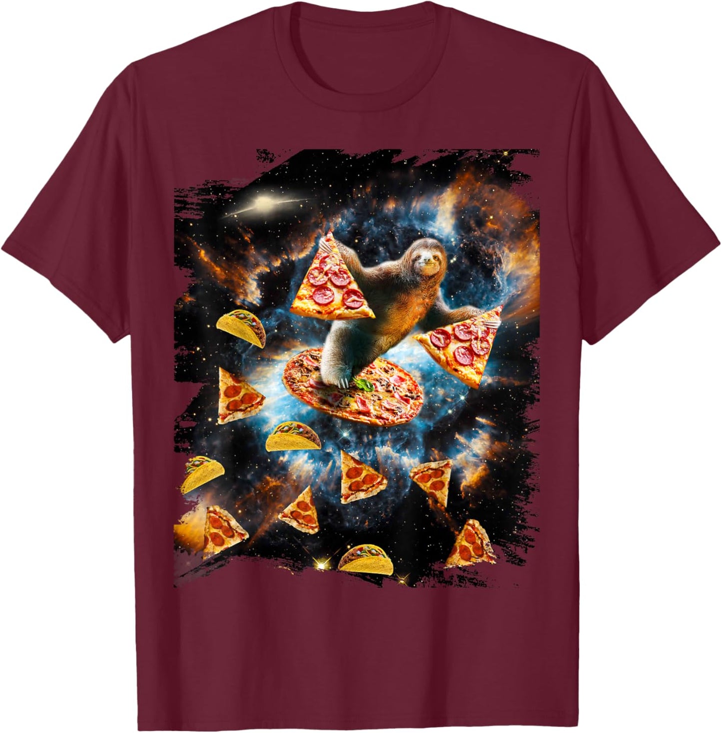 Galaxy Sloth Eating Pizza Taco In Space T-Shirt - T-Shirt | Maroon