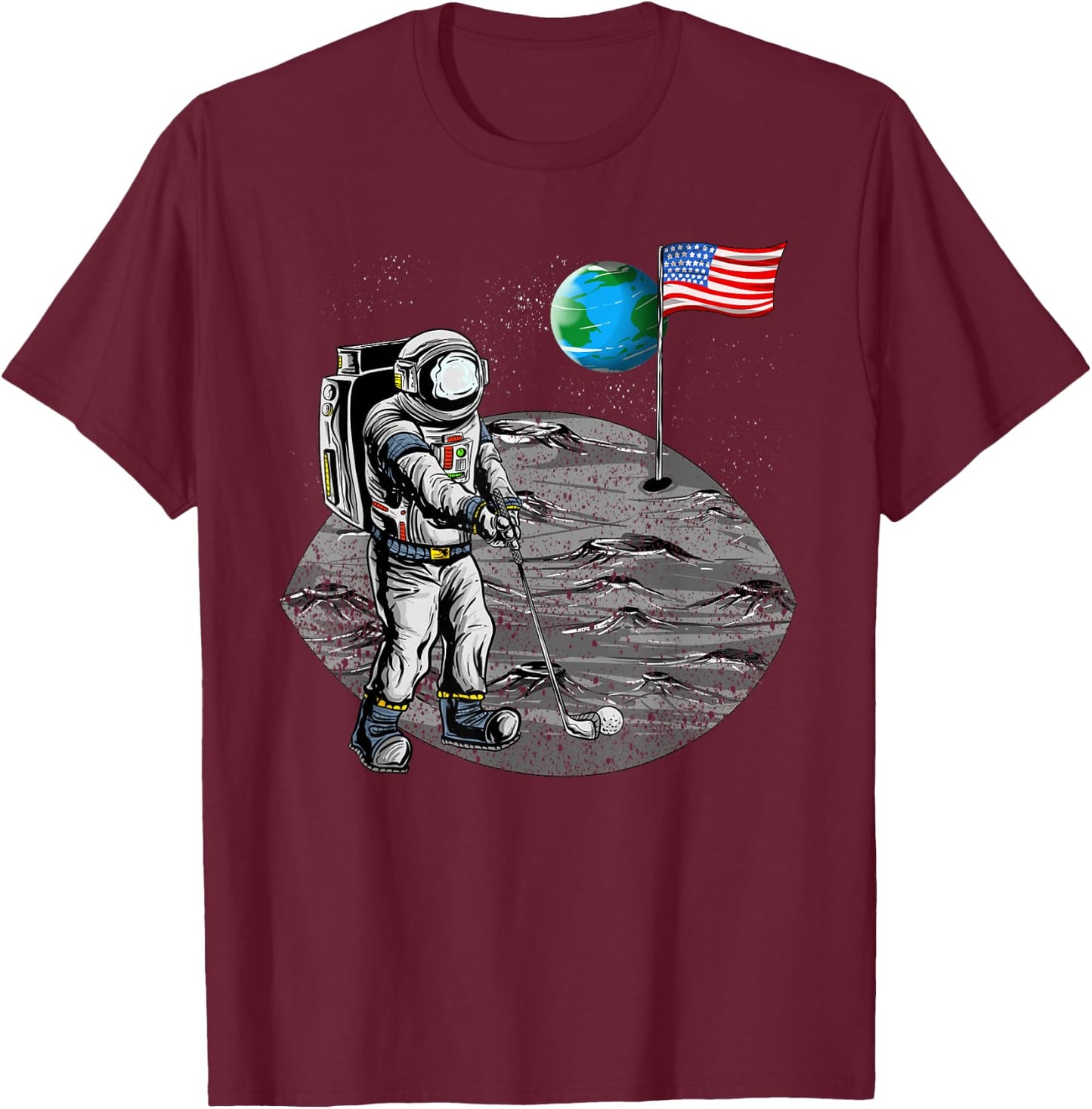 Cute Astronaut Golf US Flag Moon Funny Astronomy Golfer Gift T-Shirt - T-Shirt | Maroon