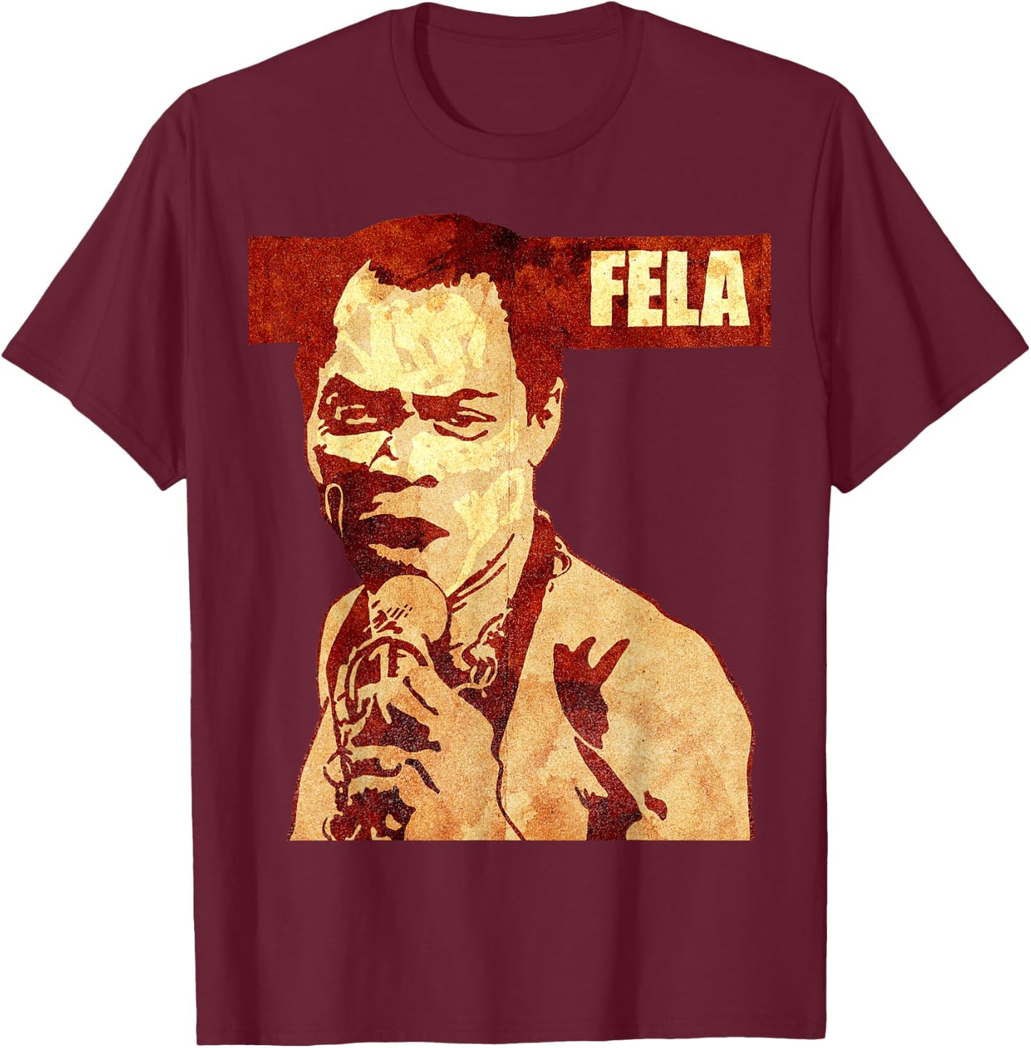 WellRed -Adults Fela Kuti Graphic Black Small Classic Fit Short Sleeve T-Shirt - T-Shirt | Maroon