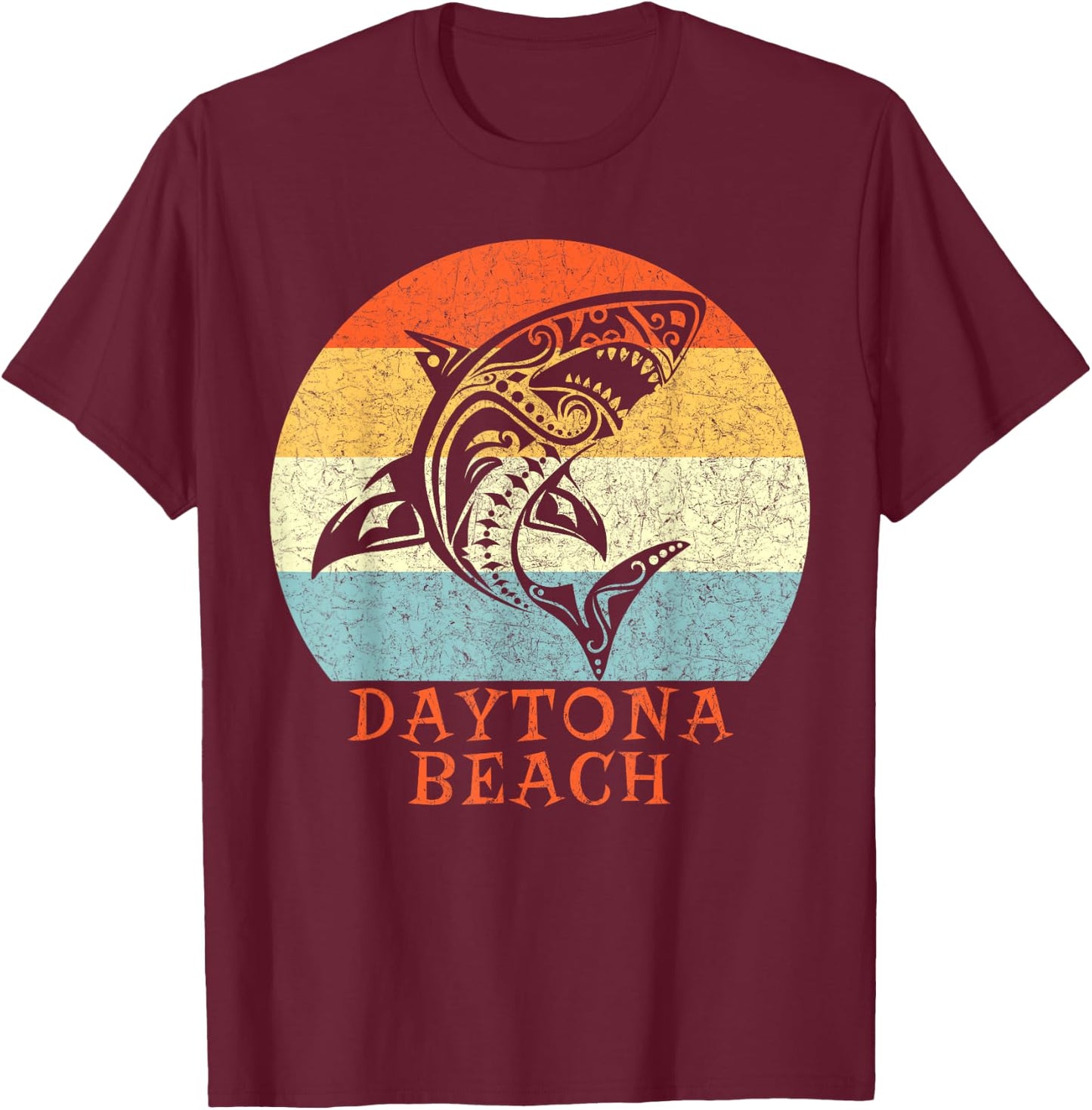 Daytona Beach, Florida Vintage Retro Tribal Shark Vacation T-Shirt - T-Shirt | Maroon