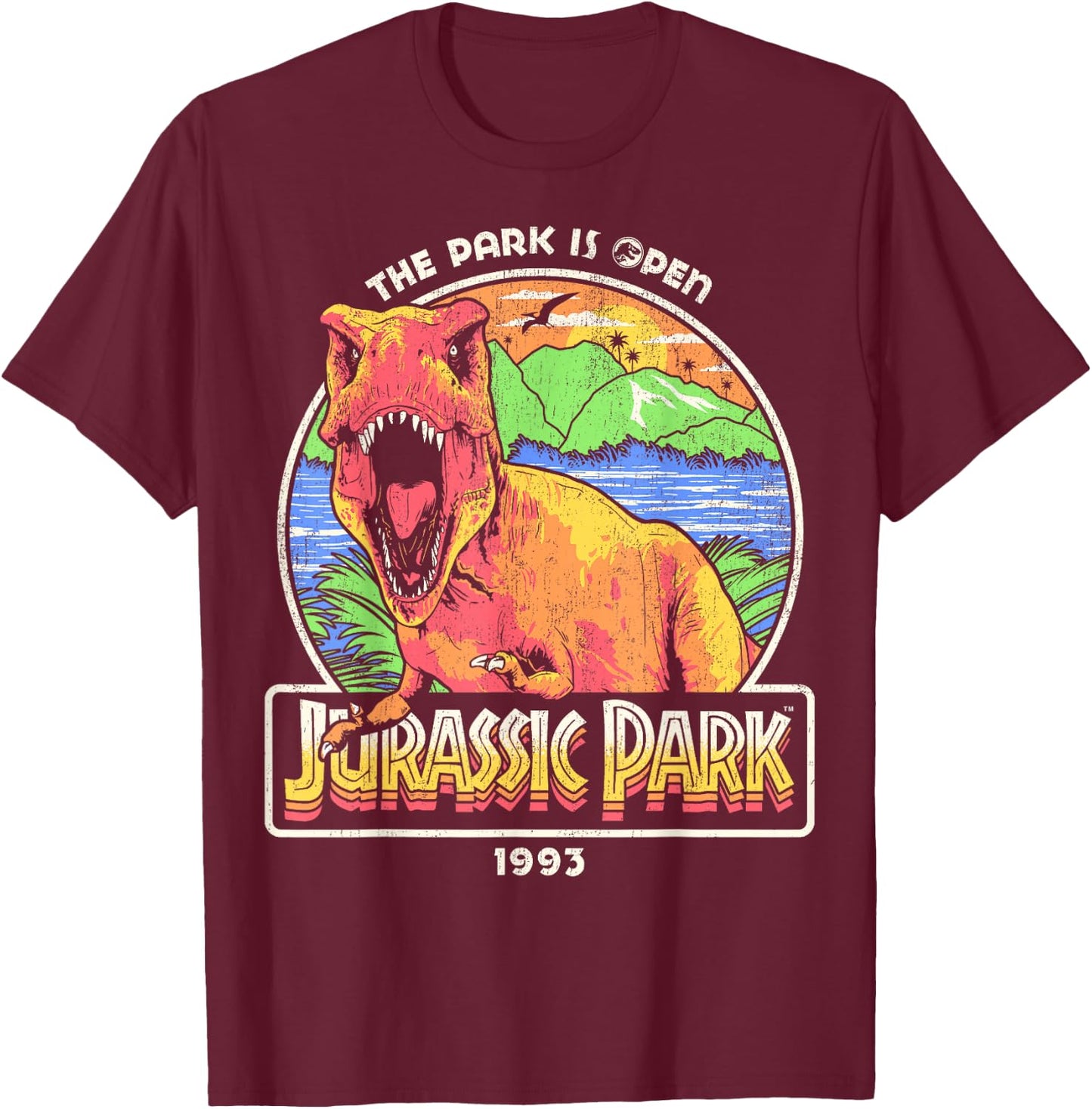 Jurassic Park 1993 The Park Is Open Jurassic Park Logo T-Shirt - T-Shirt | Maroon