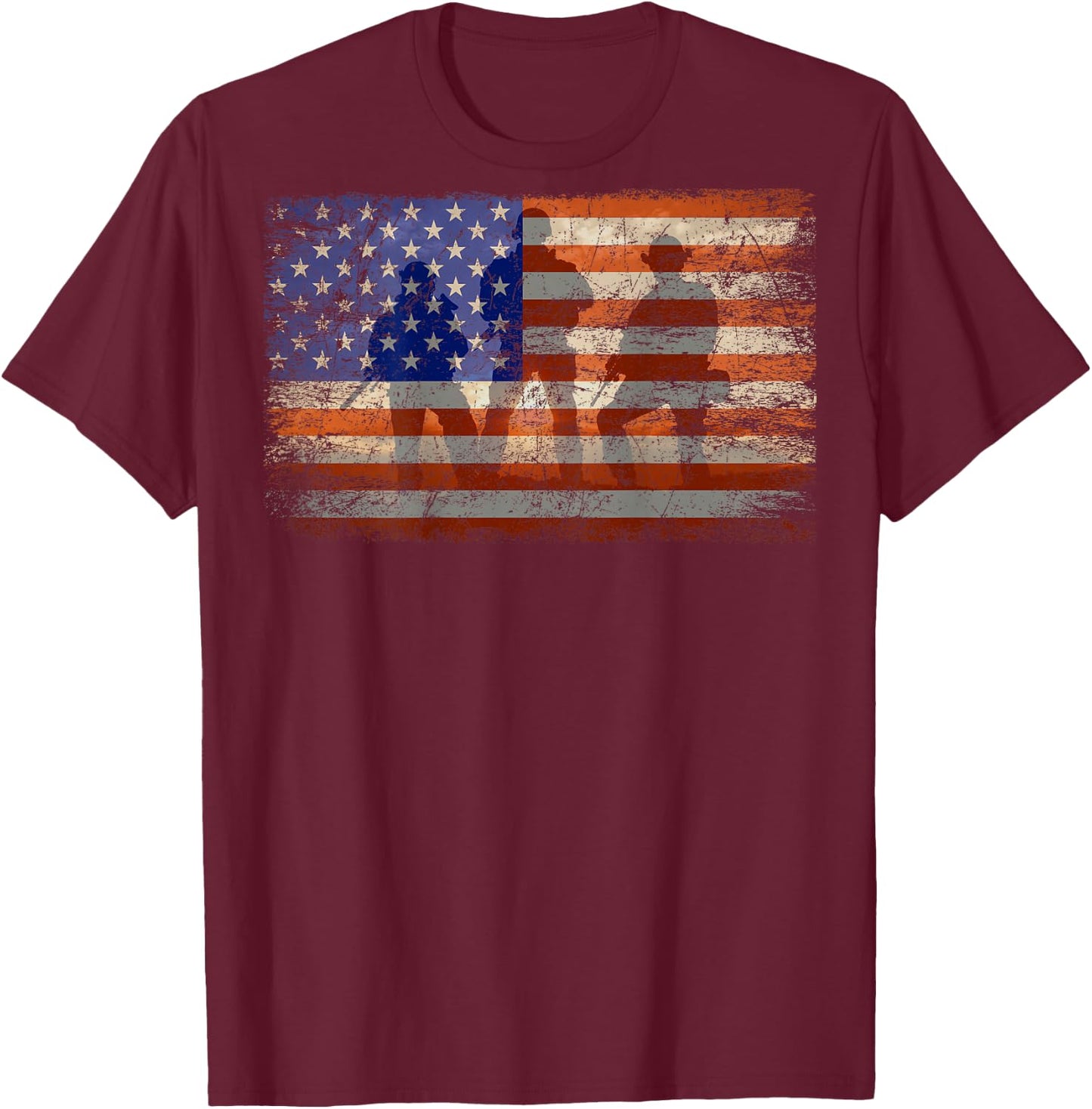 Military Soldier Patriotic American Flag Print On Back T-Shirt - T-Shirt | Maroon