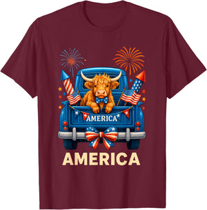 Patriotic Truck Highland Cow Cute 4th of July American Flag T-Shirt - T-Shirt | Maroon