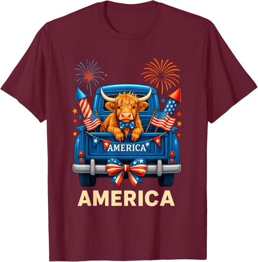 Patriotic Truck Highland Cow Cute 4th of July American Flag T-Shirt - T-Shirt | Maroon