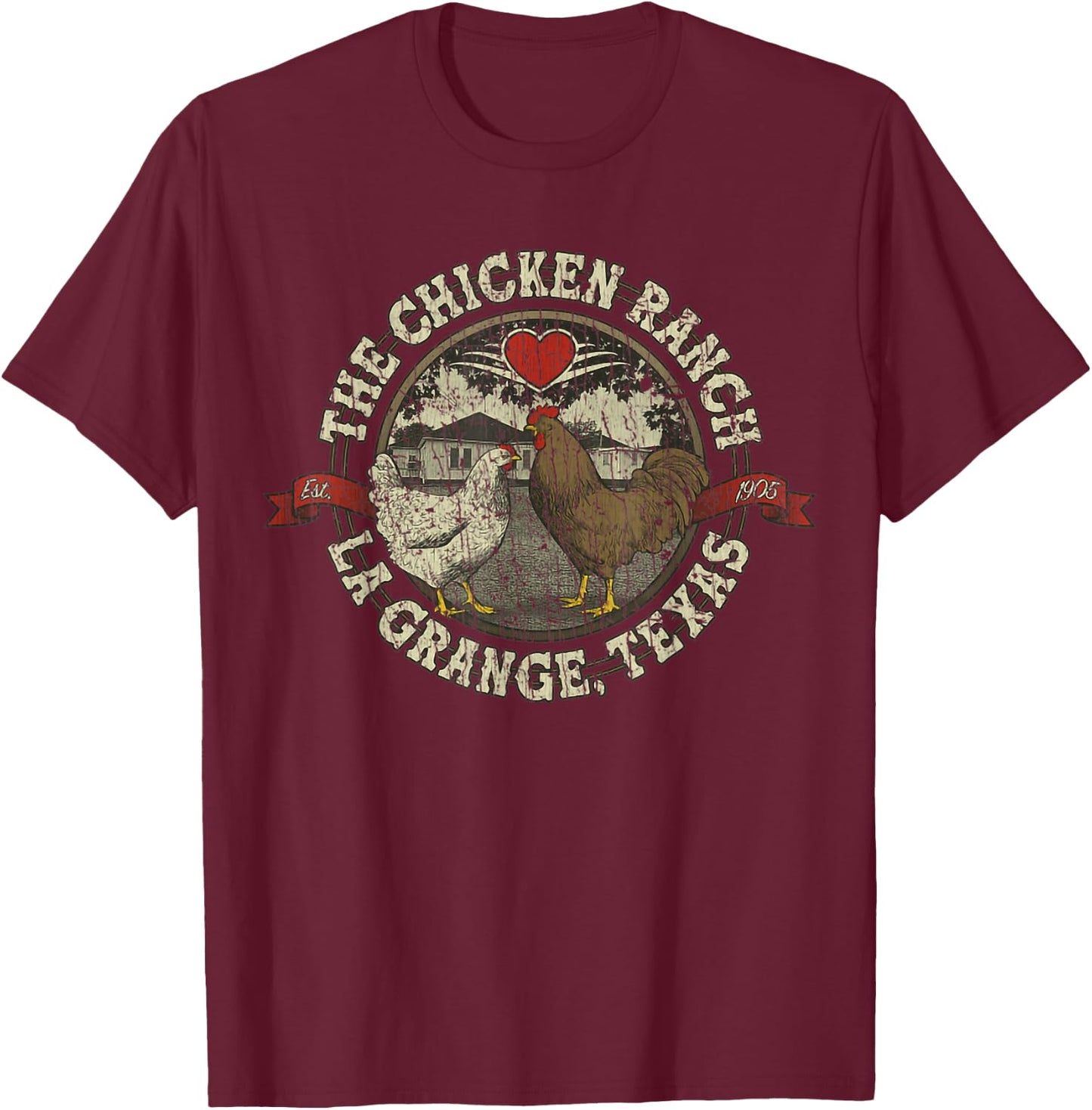The Chicken Ranch La Grange 1905 Vintage Retro Distressed - Black, Small, Short Sleeve, , Classic Fit, Rayon, Letter Print, Women's, Girls, Casual, All Seasons T-Shirt - T-Shirt | Maroon