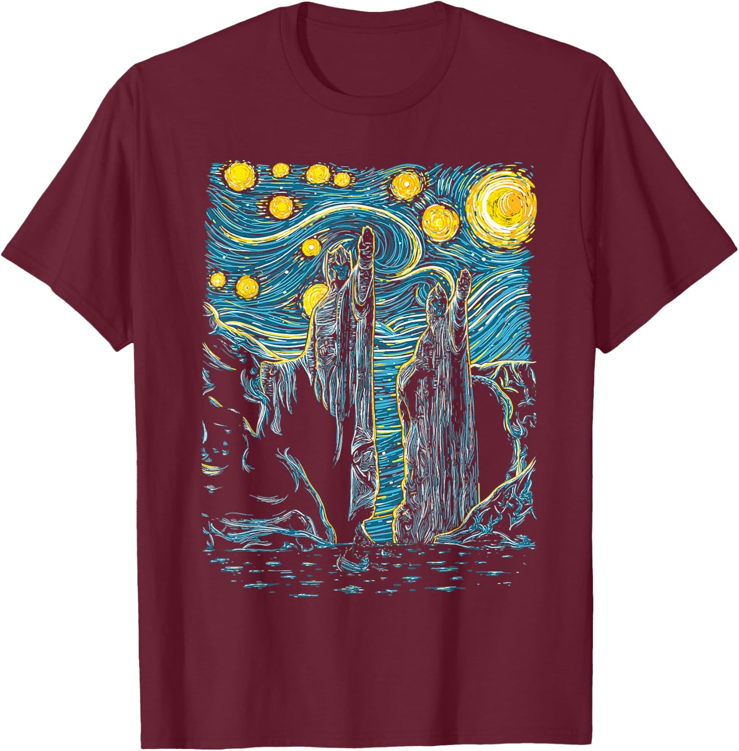 Argonath Starry Night Van Gogh Style T-Shirt - T-Shirt | Maroon