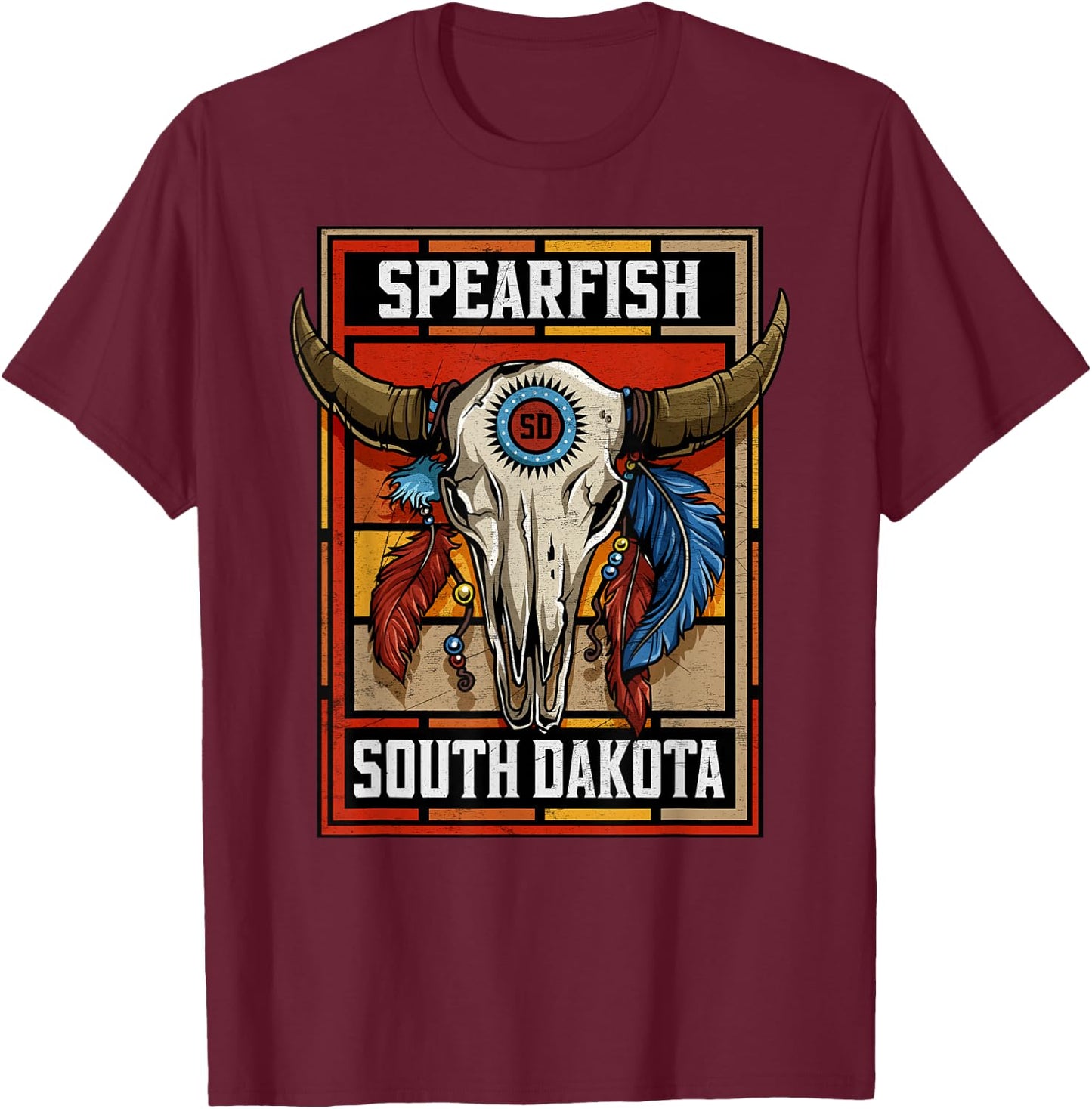 Spearfish South Dakota Native American Bison Skull T-Shirt - T-Shirt | Maroon